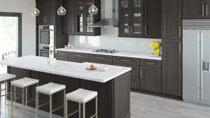 a Forevermark Cabinetry-focused kitchen with dark wood Kitchen Cabinets and stools.