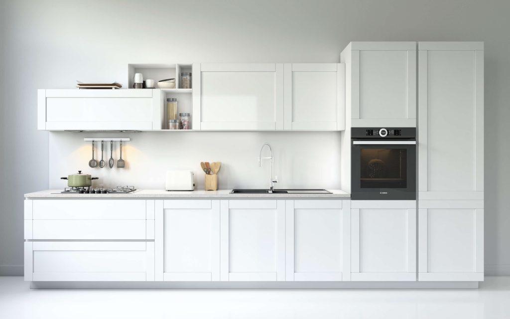 a 3D layout of a white modern style kitchen with modern oven and white wooden cabinets from forevermark cabinetry