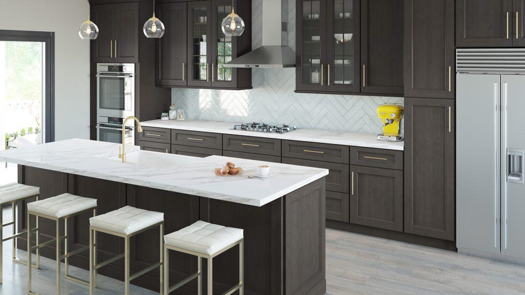 a kitchen small white marble island and darkbrown wooden kitchen cabinets installed by mykitchencabinets
