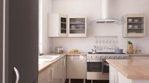 a white kitchen interior with stainless stove and white wooden cabinets from mykitchencabinets