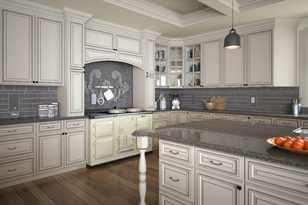a kitchen with gray marble island and white wooden kitchen cabinets installed by mykitchencabinets