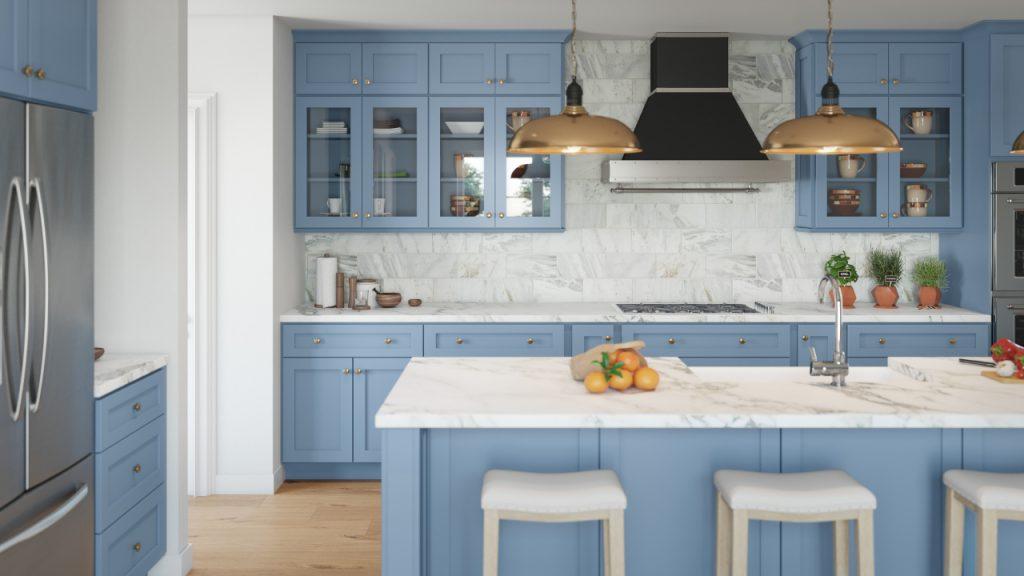 a white kitchen interior with exhaust hood, white marble island and sky blue wooden cabinets installed by mykitchencabinets