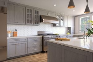 a simple kitchen interior design with marble island and wooden cabinets installed by mykitchencabinets