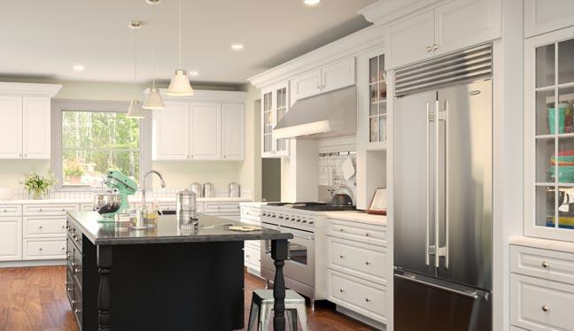 a white interior kitchen with marble island and white wooden cabinets from forevermark cabinetry