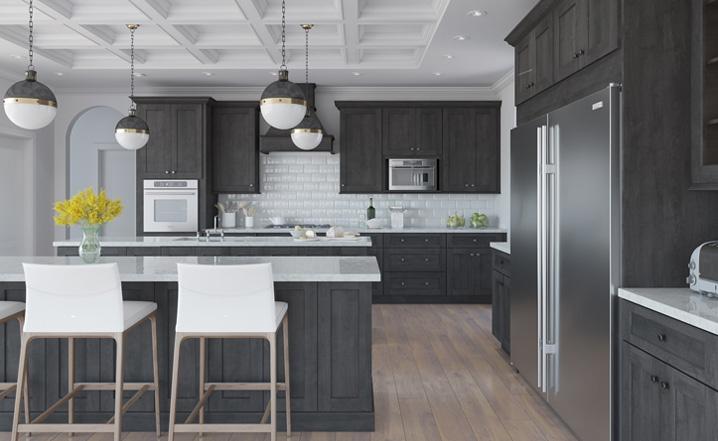 an elegant kitchen interior with white marble island and gray wooden kitchen cabinets