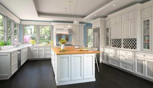a white kitchen interior with wooden island and white wooden cabinets installed by mykitchencabinets