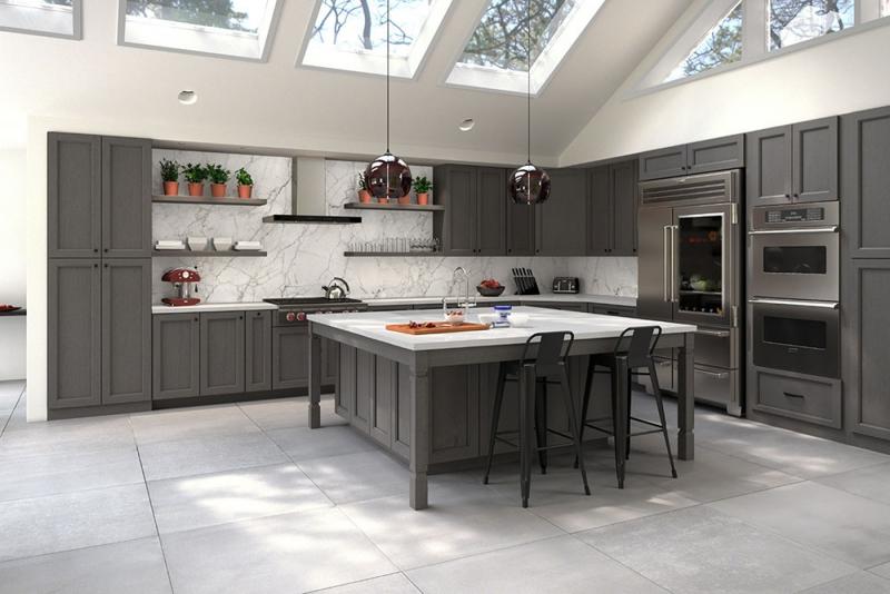 a big kitchen with glass ceiling, white marble island and dark wooden kitchen cabinets