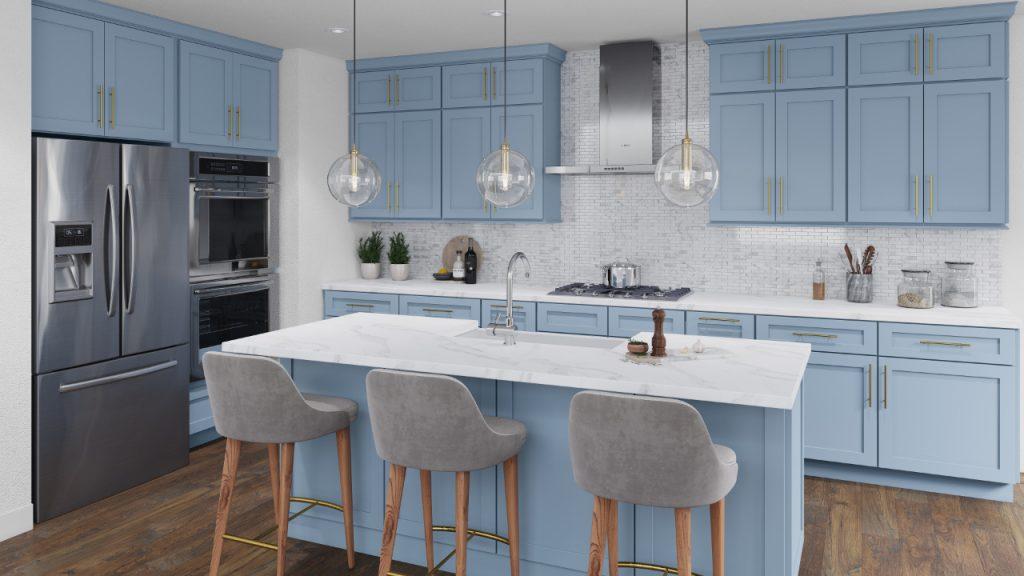 a white kitchen interior with marble island, wooden stool and color blue wooden cabinets from forevermark cabinetry